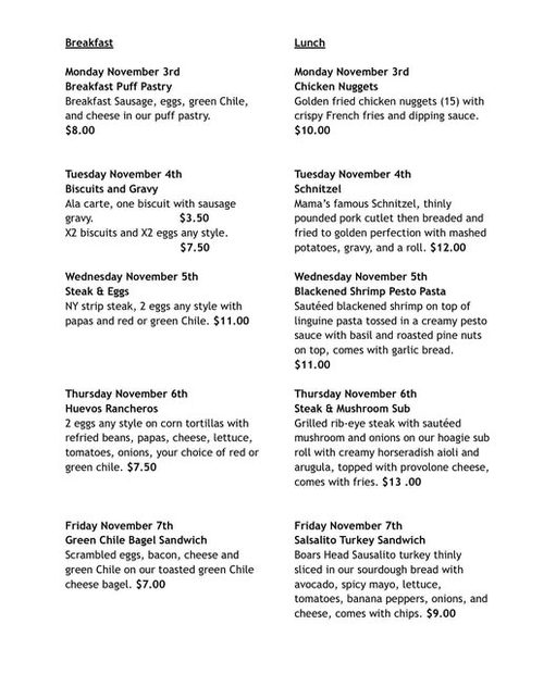 A printed Desert Sky Café specials sheet listing a different breakfast and lunch special for Monday through Friday.